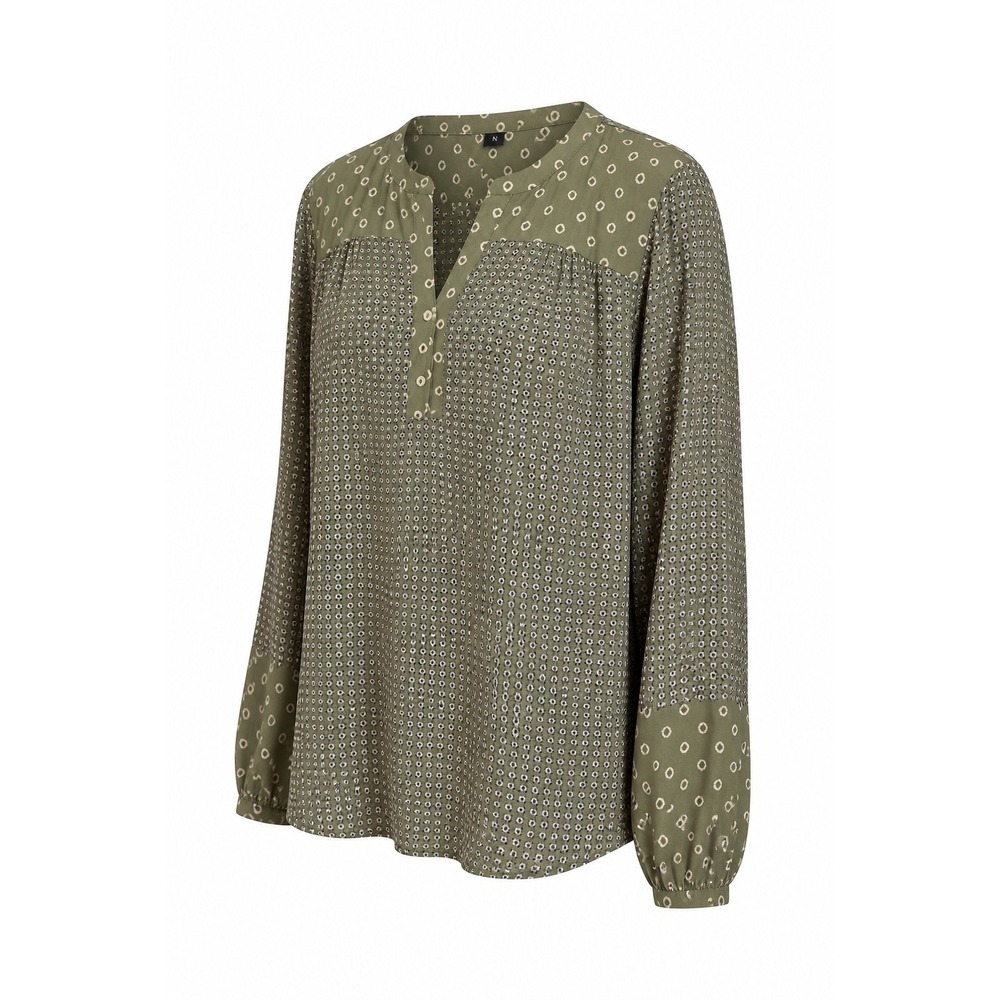 NYDJ Womens Olive Green Geometric Tile Print Peasant Blouse Long Sleeve Size L
